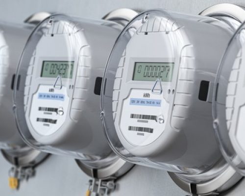 Digital electric meters in a row measuring power use. Electricity consumption concept. 3d illustration